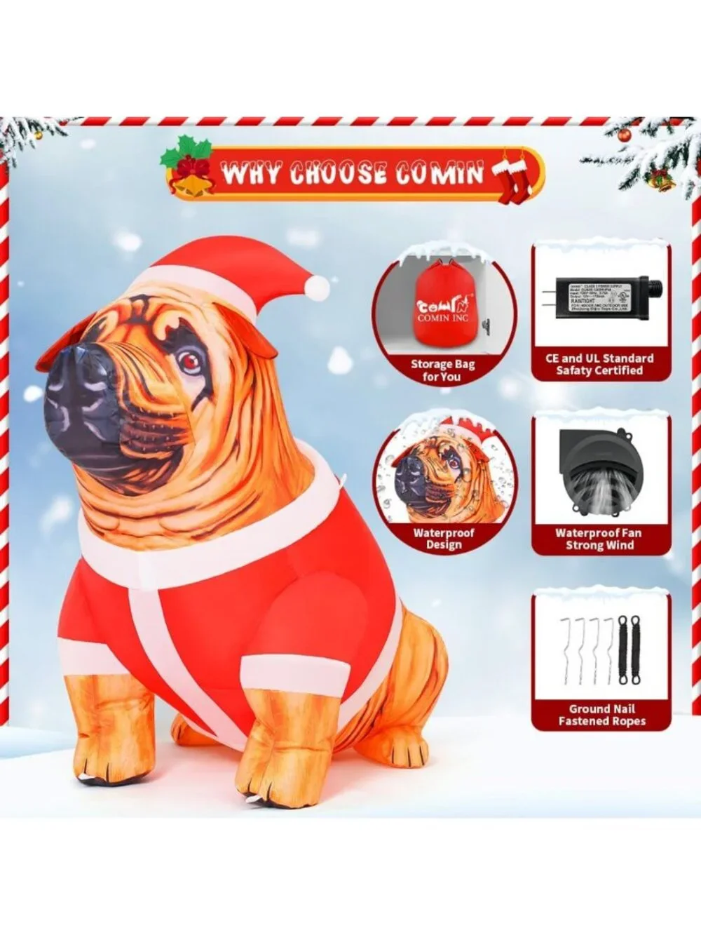 4FT Tall Christmas Bulldog Inflatable with LED Lights - Outdoor Holiday Yard